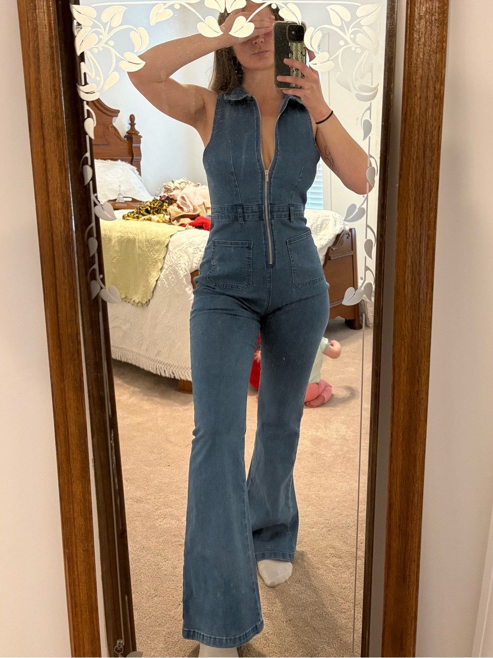 Cider Blue Denim Zip-Front Bootcut Jumpsuit